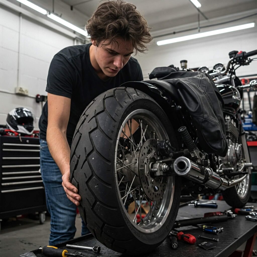Checking motorcycle tires in garage.