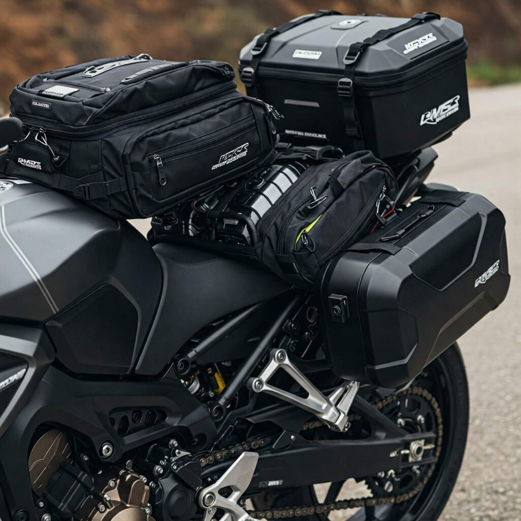 Organized motorcycle packing bags.