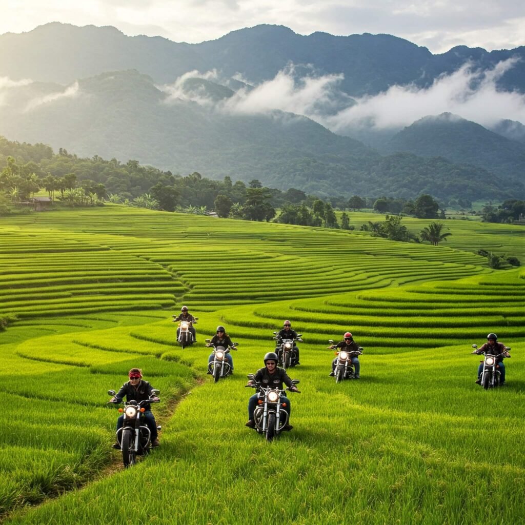 Bikers rice paddies misty mountains