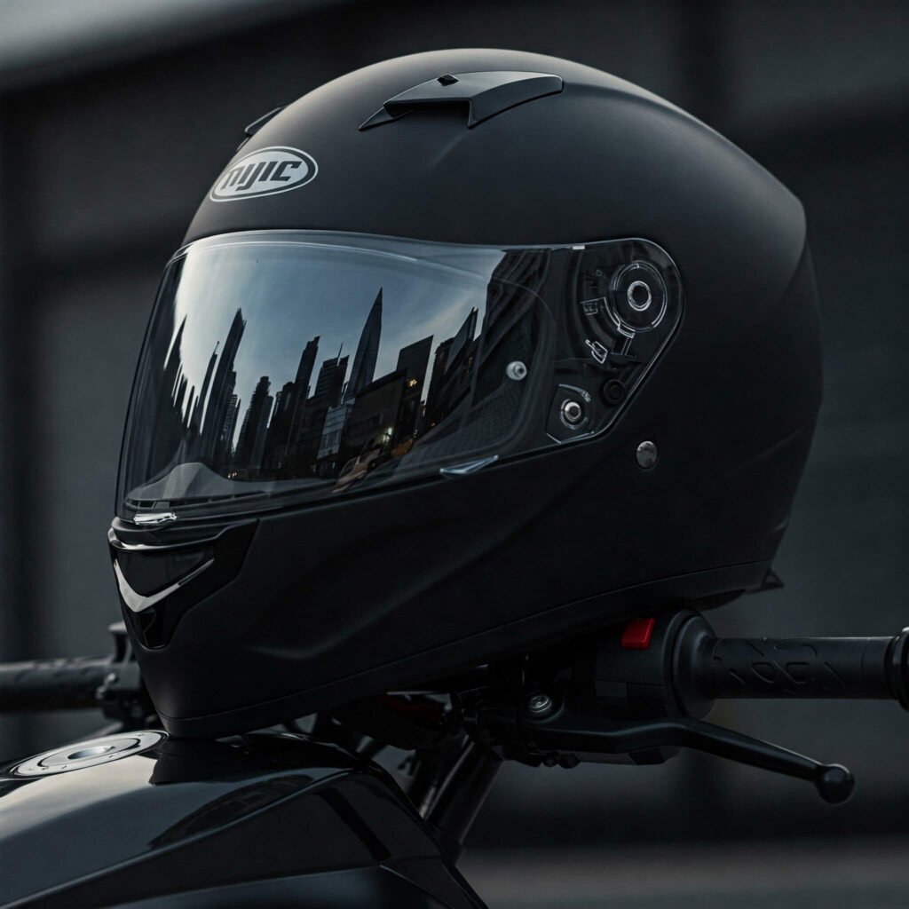 Modern motorcycle helmet with city reflection.