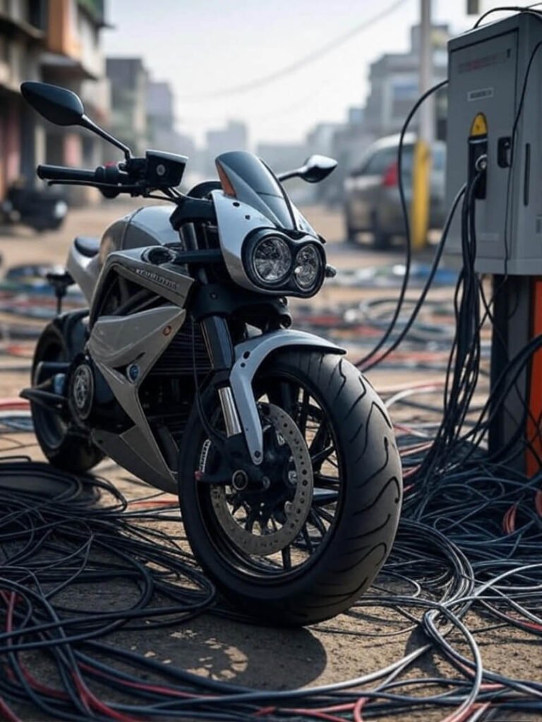 Energica Ego charging at chaotic Indian outlet
