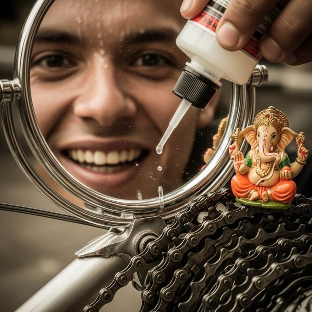 Wrench on bike chain, person's shadow, cow.