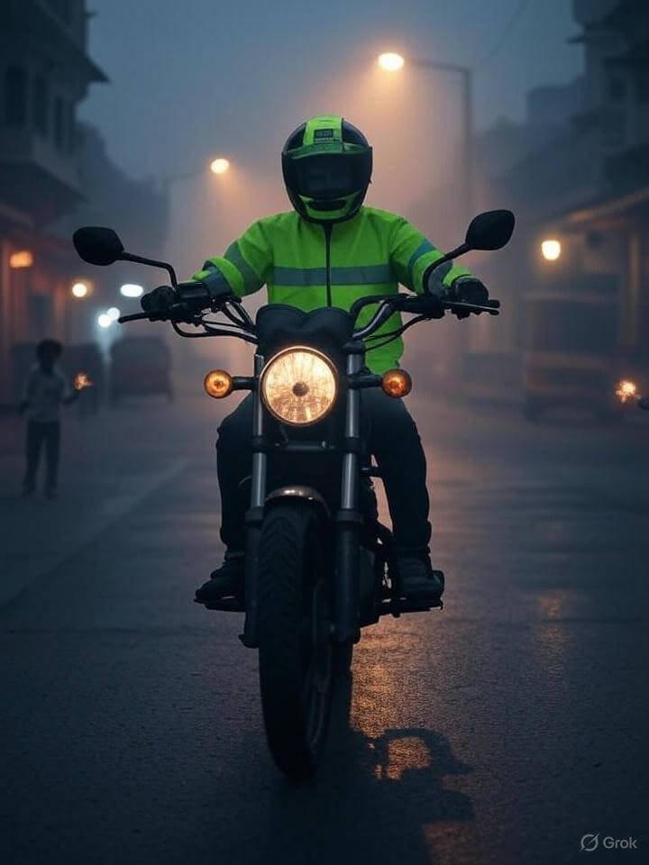 Foggy city, neon-jacketed rider, kid with sparkler.