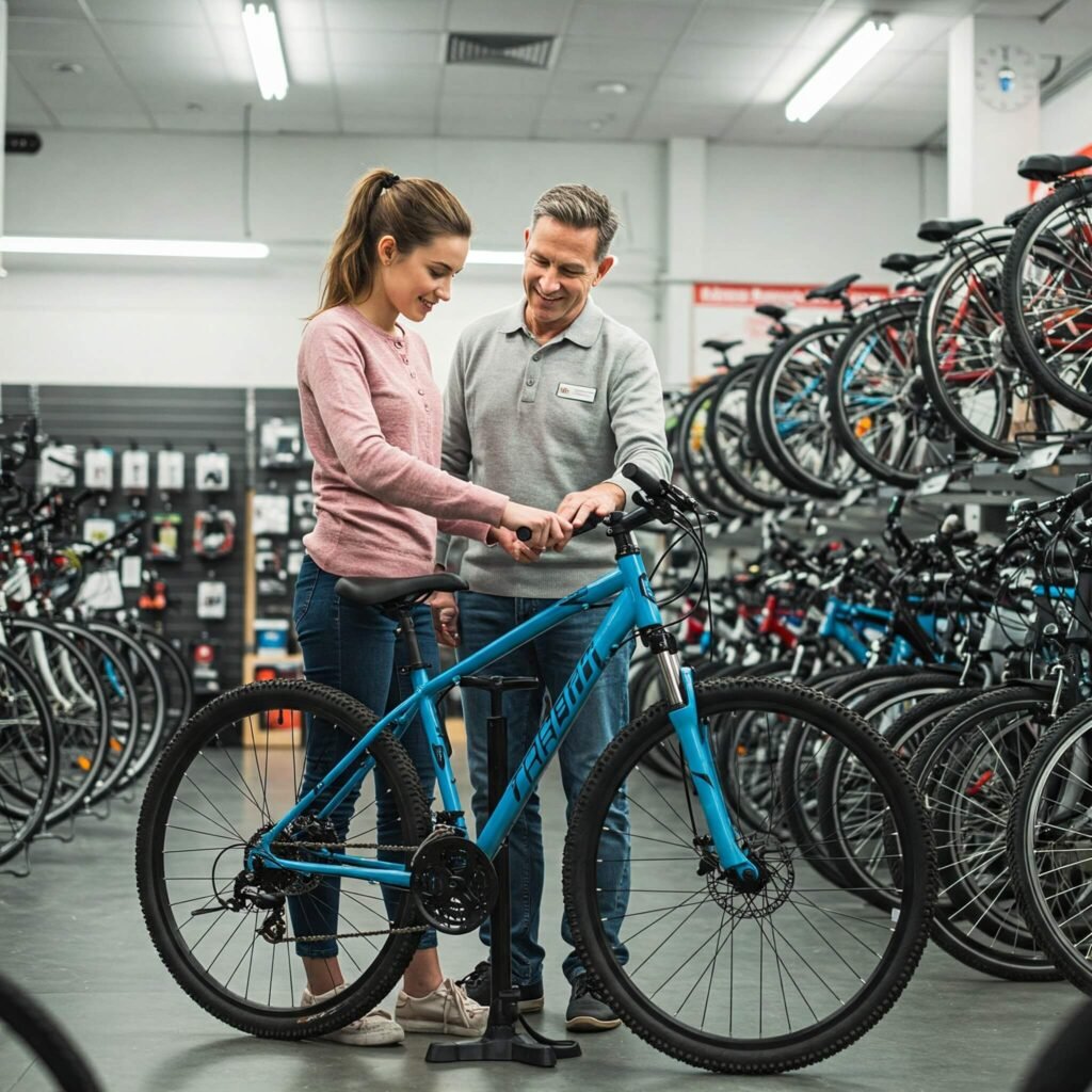 Beginner cyclist adjusting tire pressure at a bike shop