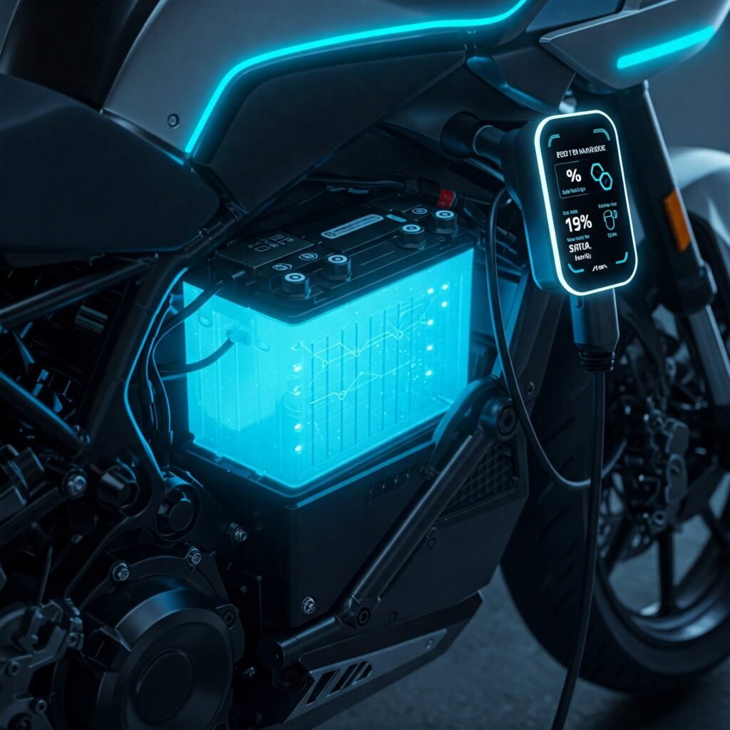 Electric motorcycle battery with AI charging analytics.