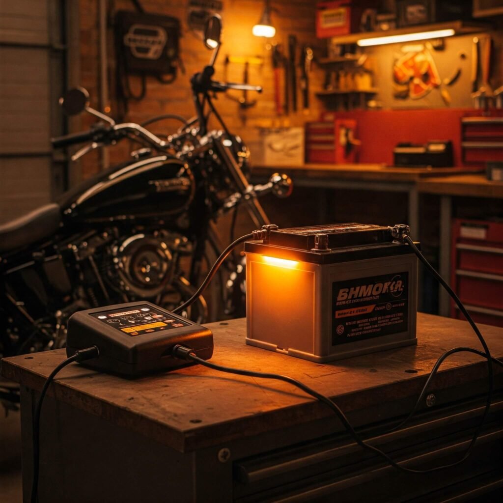 Motorcycle battery stored with charger.'