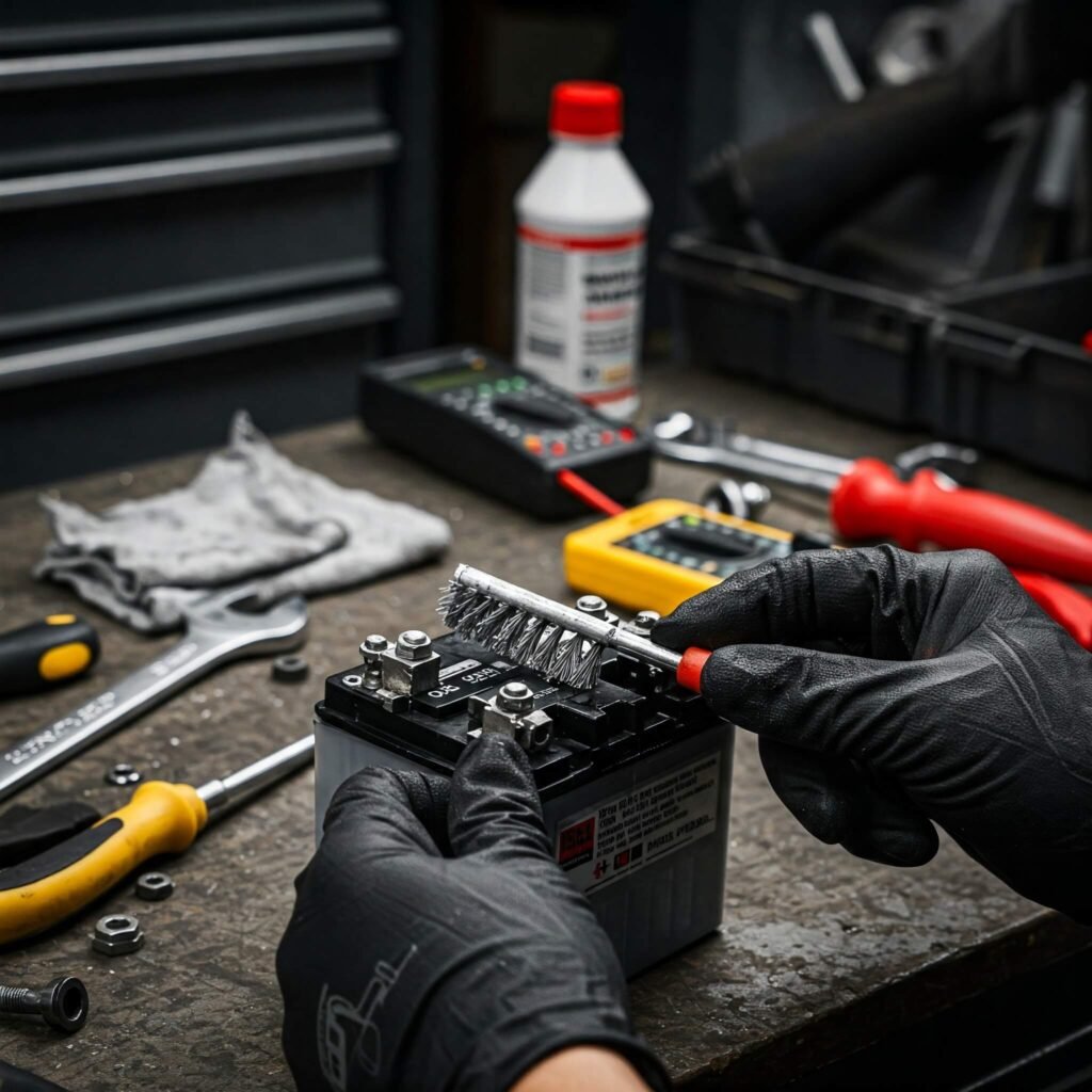 Shows a gloved hand using a wire brush to clean the terminal.