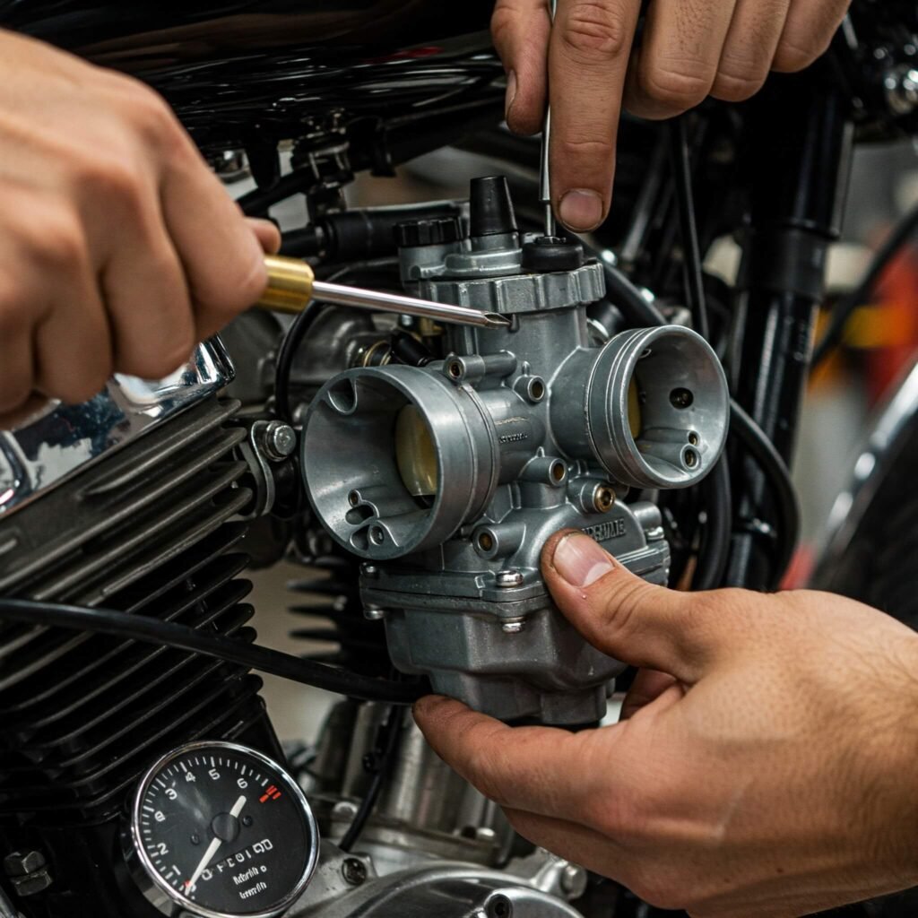 "Mechanic tuning motorcycle carburetor with screwdriver."