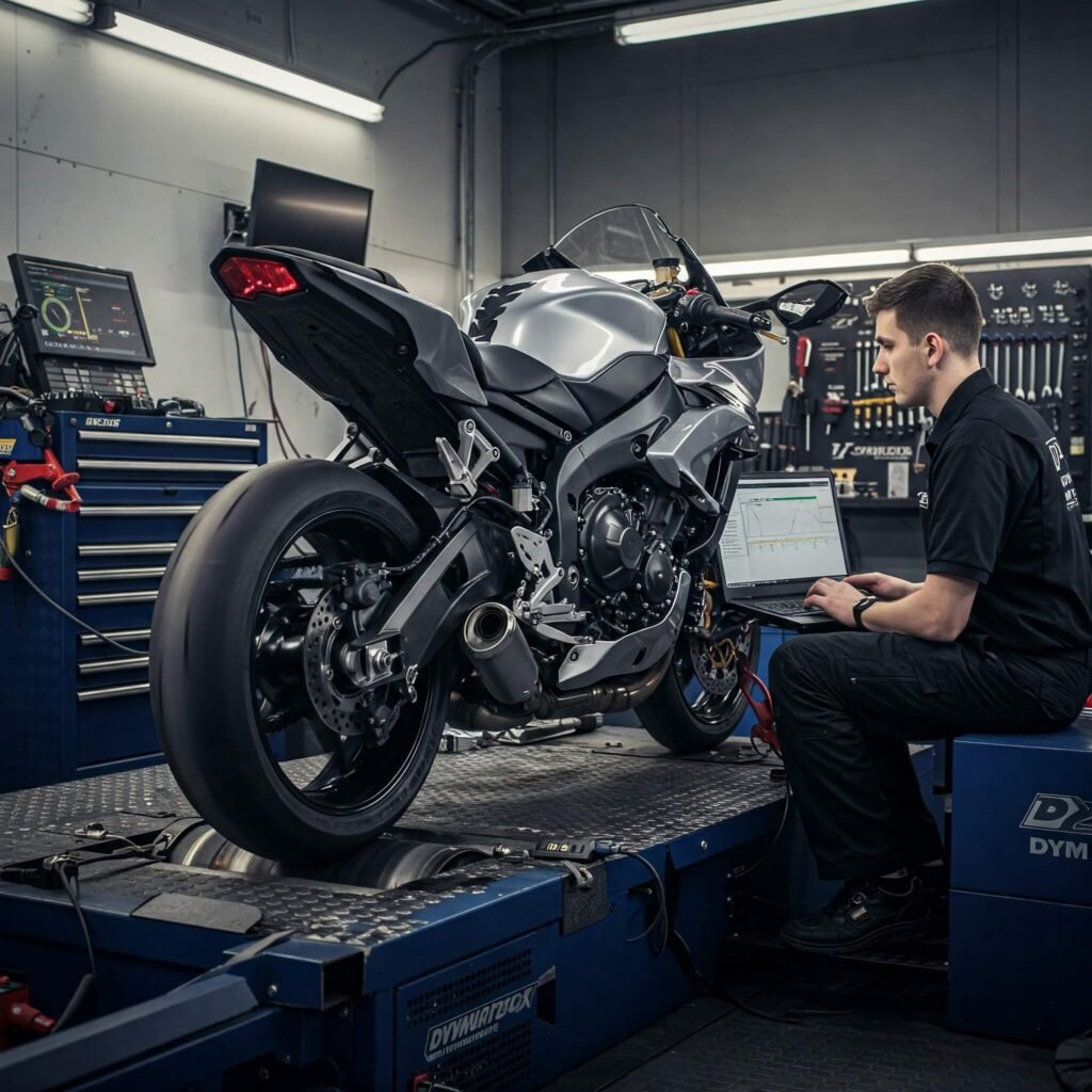 Dyno testing to tune motorcycle performance.