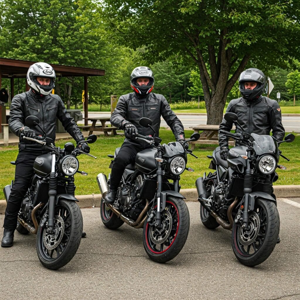 Three Riders with Different Motorcycle Helmets