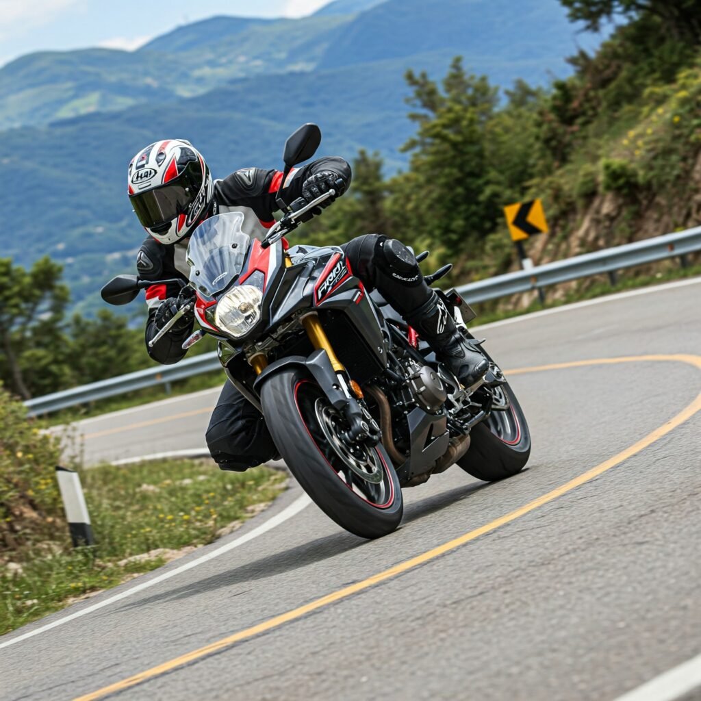 Rider leaning into a turn on a winding road.