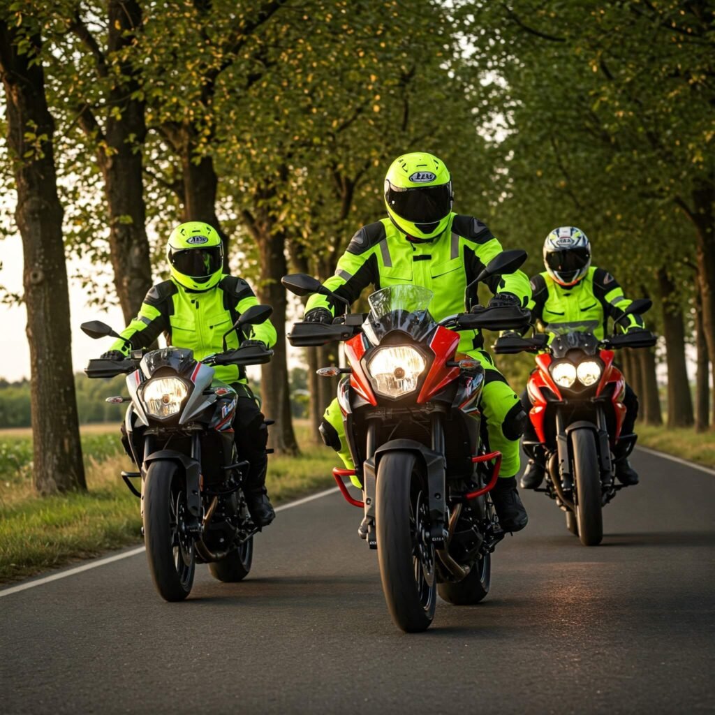 Group of motorcyclists on country road.