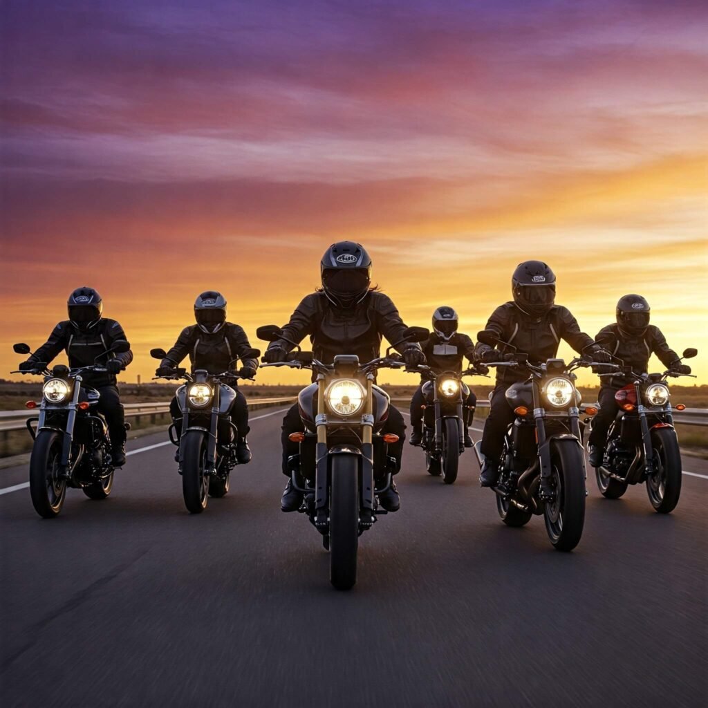 Motorcyclist group riding at sunset.