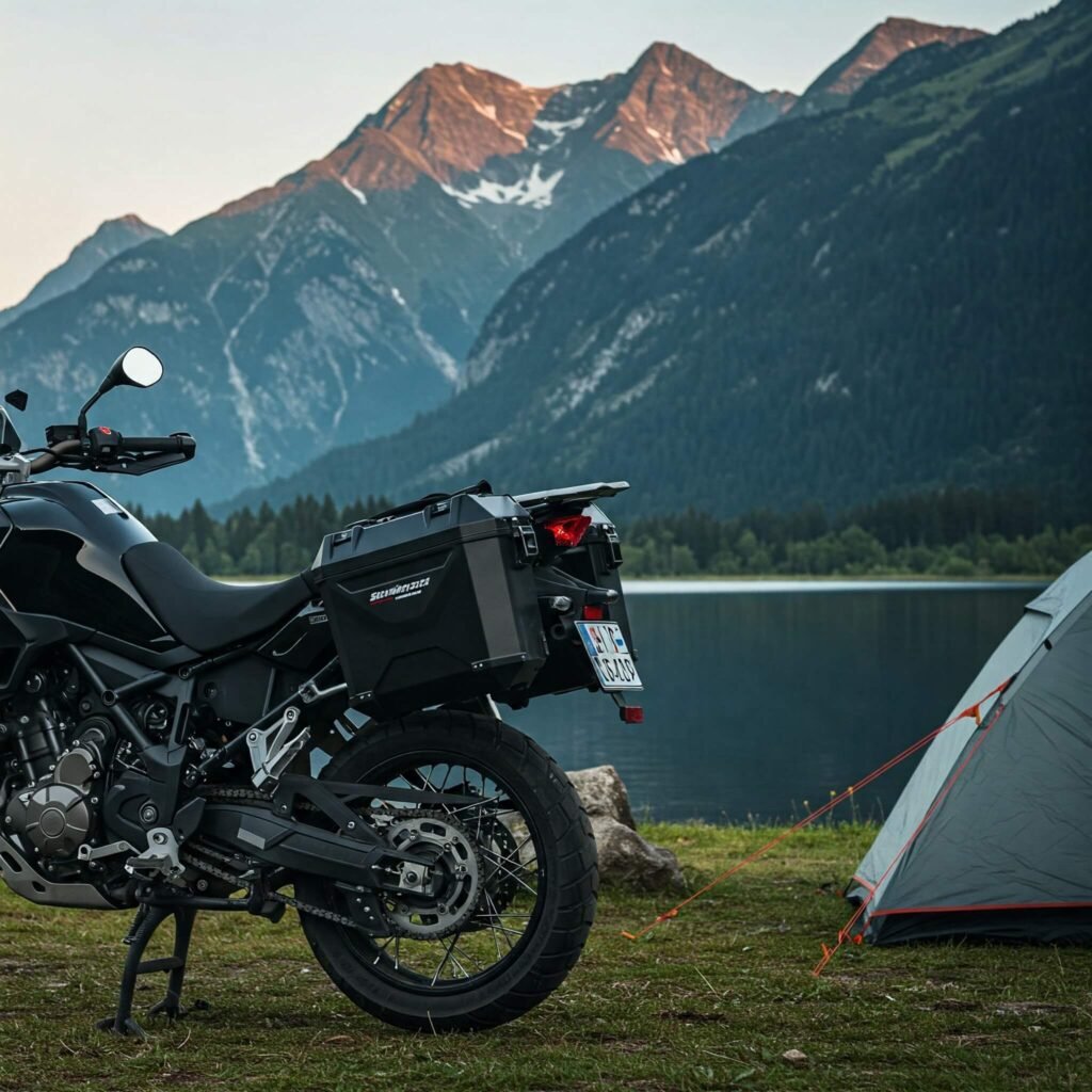 Motorcycle with SW-Motech panniers at campsite.