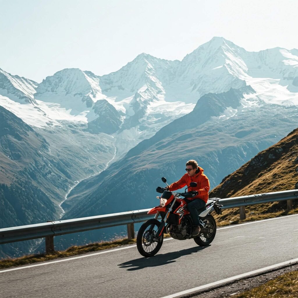 Biker hairpin turn snowy Alps
