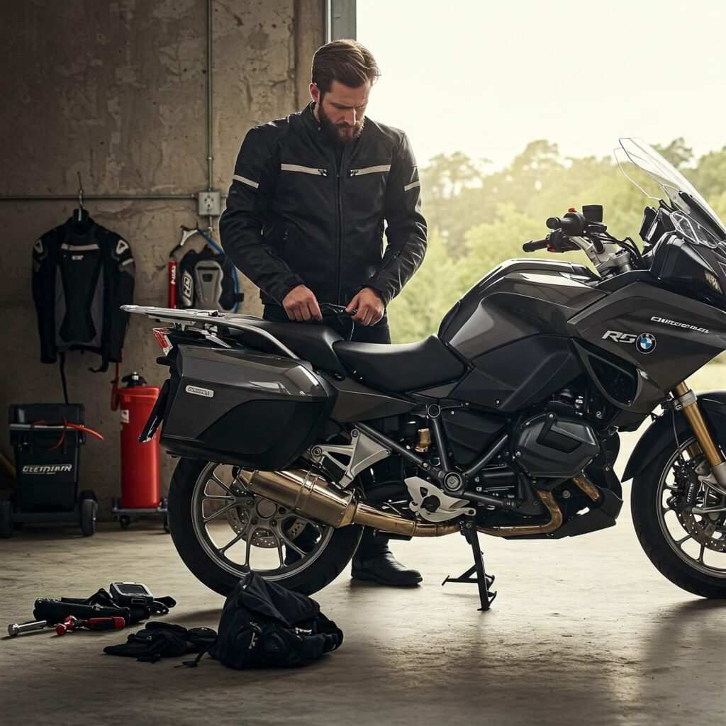 Rider prepping BMW R 1250 RT for a trip.