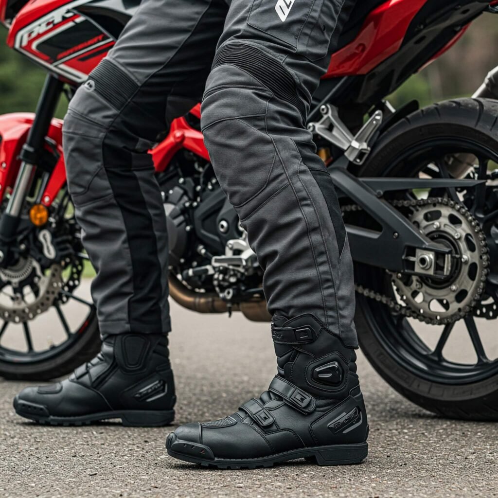Motorcycle boots and armored pants detail.