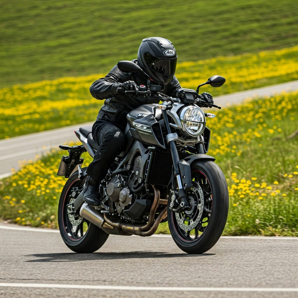 Expert motorcyclist leaning corner.
