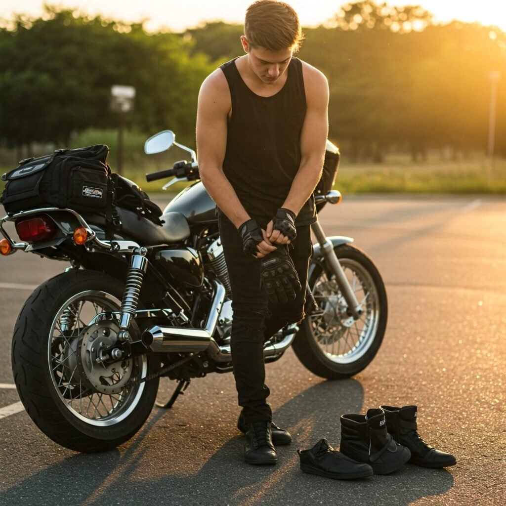 Rider Adjusting Motorcycle Gear