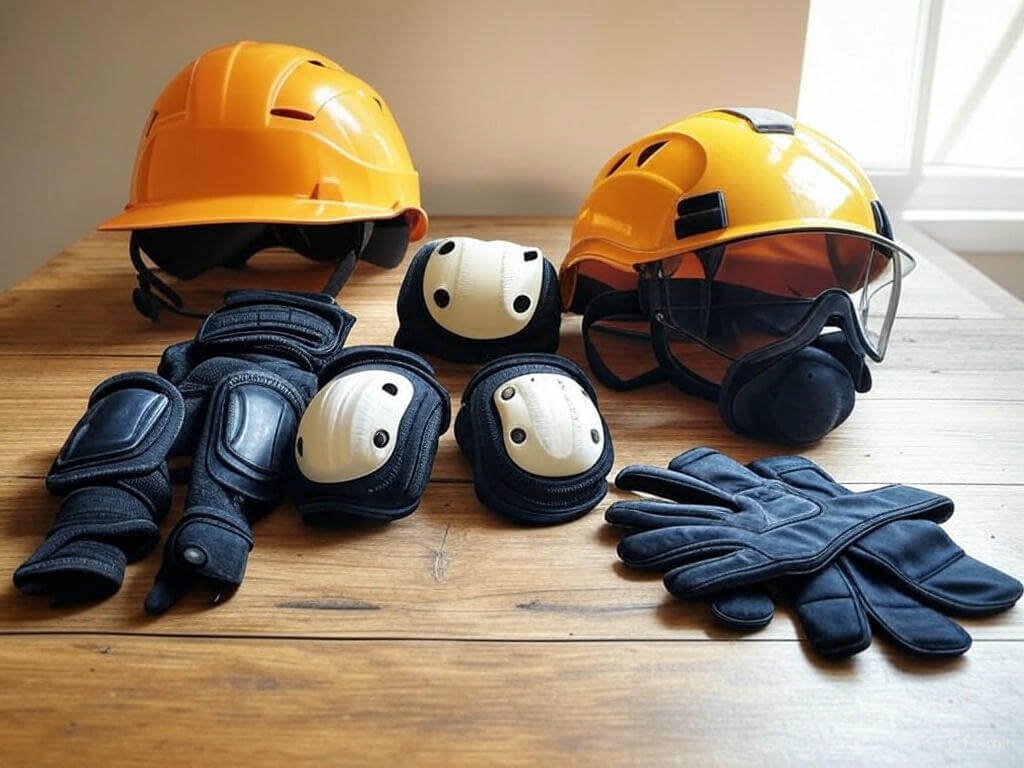 Motorcycle Safety Gear Display on Wooden Table"