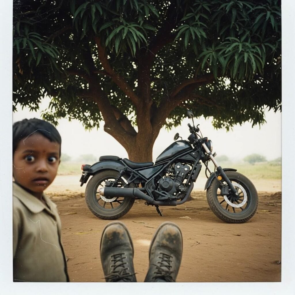 Indian village scene: motorcycle, child, muddy boots.

