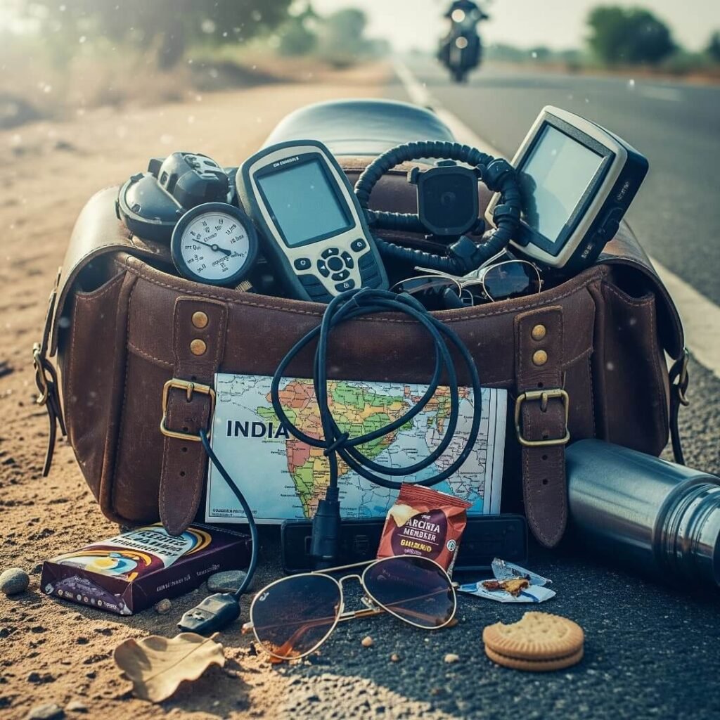 Cluttered motorcycle saddlebag spilling gadgets on Indian roadside.

