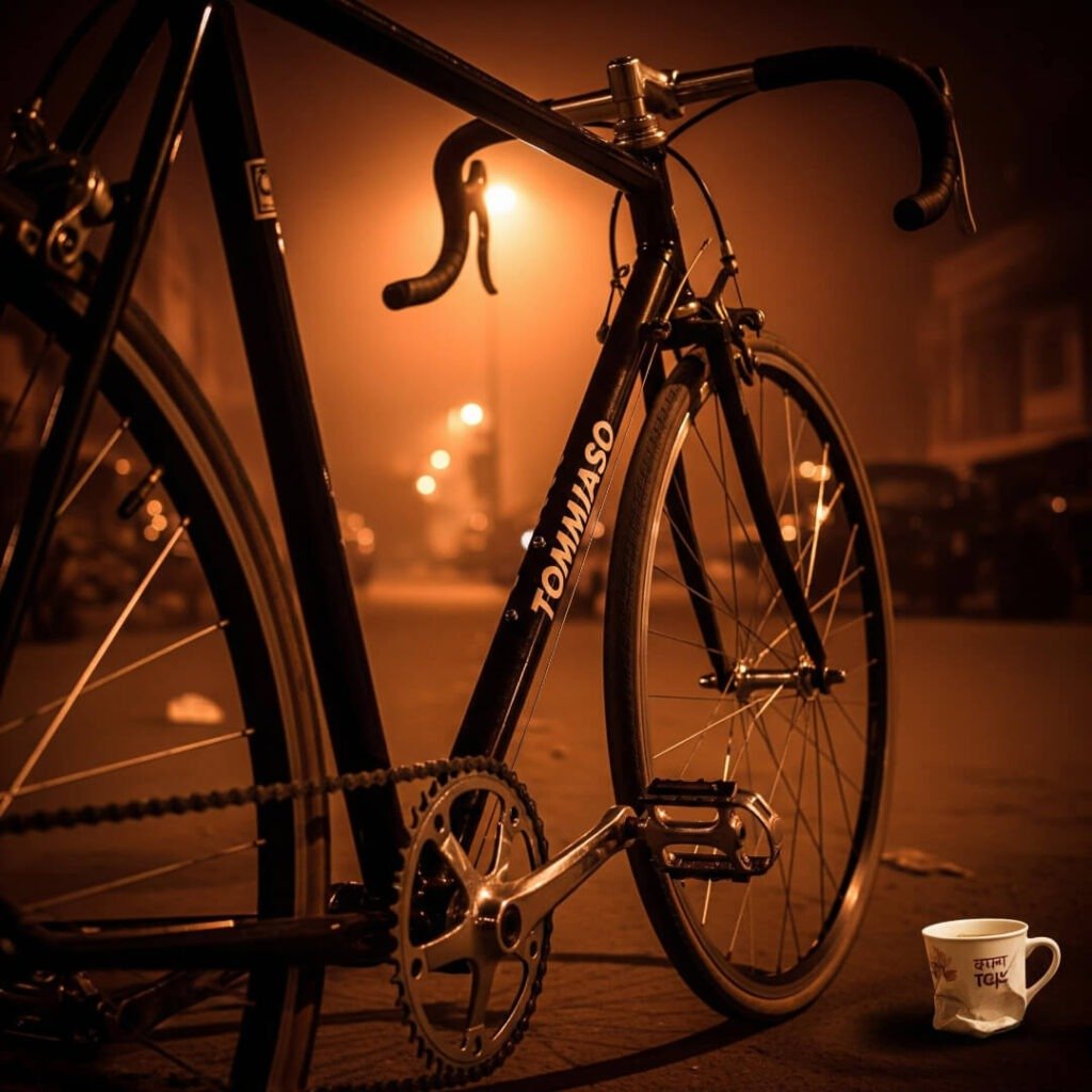 Bicycle parked under a flickering streetlight with a chai cup.