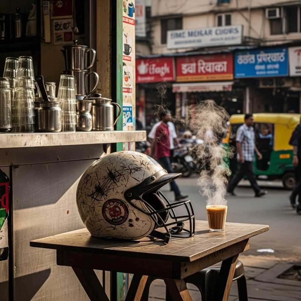 A scuffed helmet and chai at a Mumbai tea stall.

