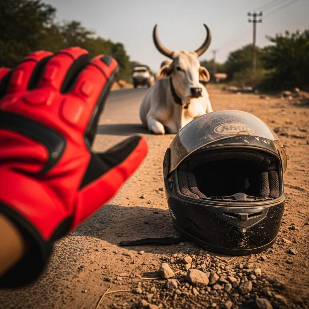 A wonky shot of a helmet, cow, and red glove.