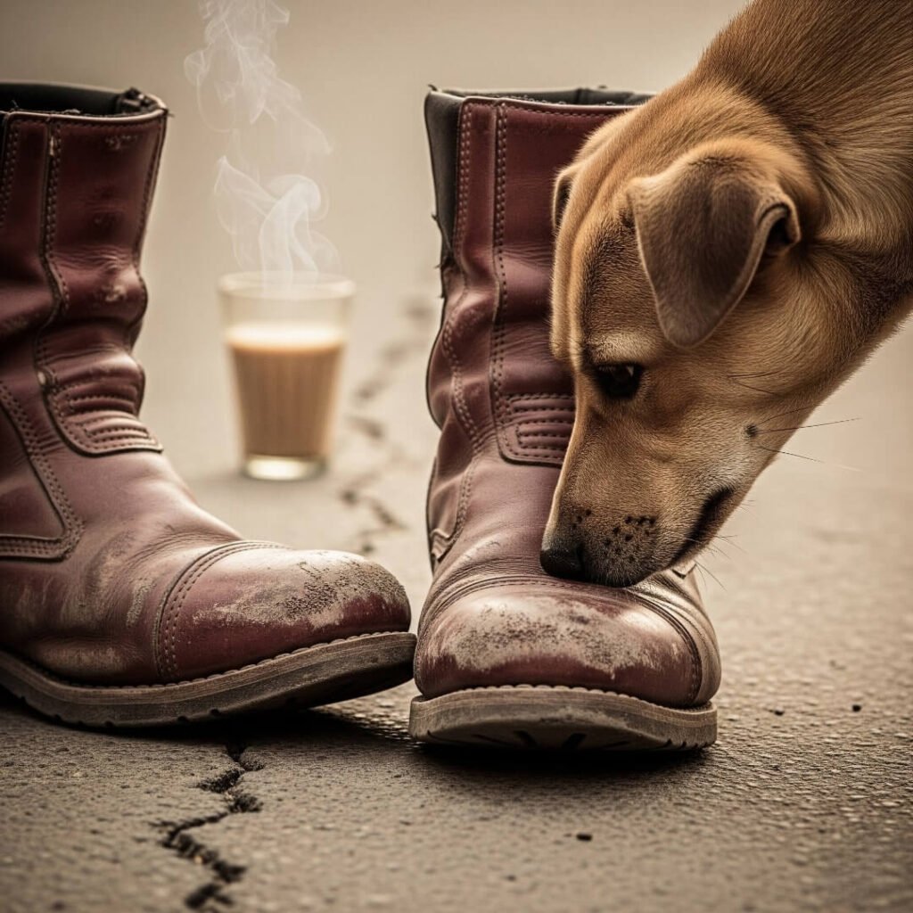Scuffed boots, chai, and a curious dog.

