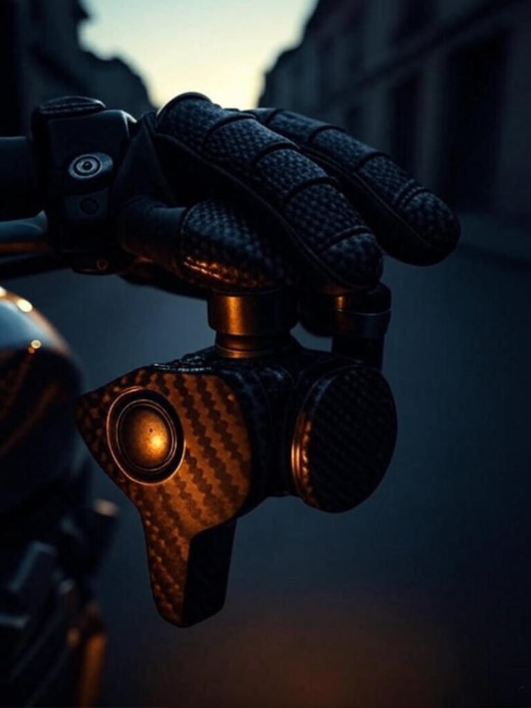 Worn motorcycle glove on throttle, sun glints on knuckles.