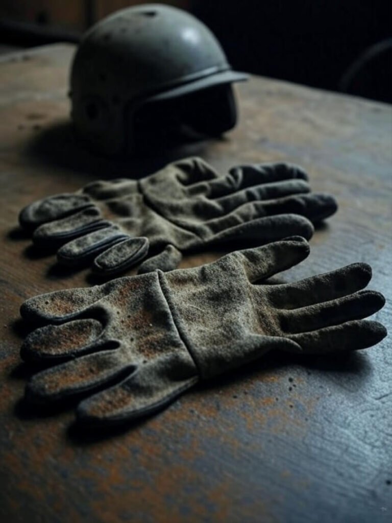 Grimy gloves, dented helmet on chai-stained table.