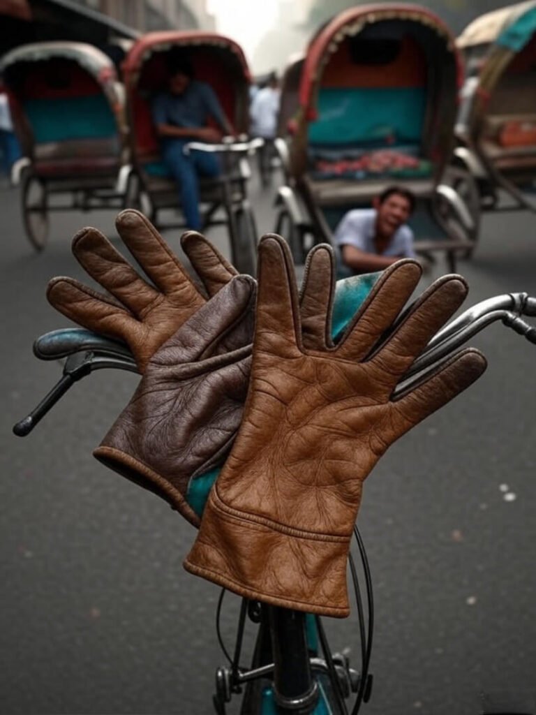 Scuffed gloves on bike, chaotic Mumbai street backdrop.