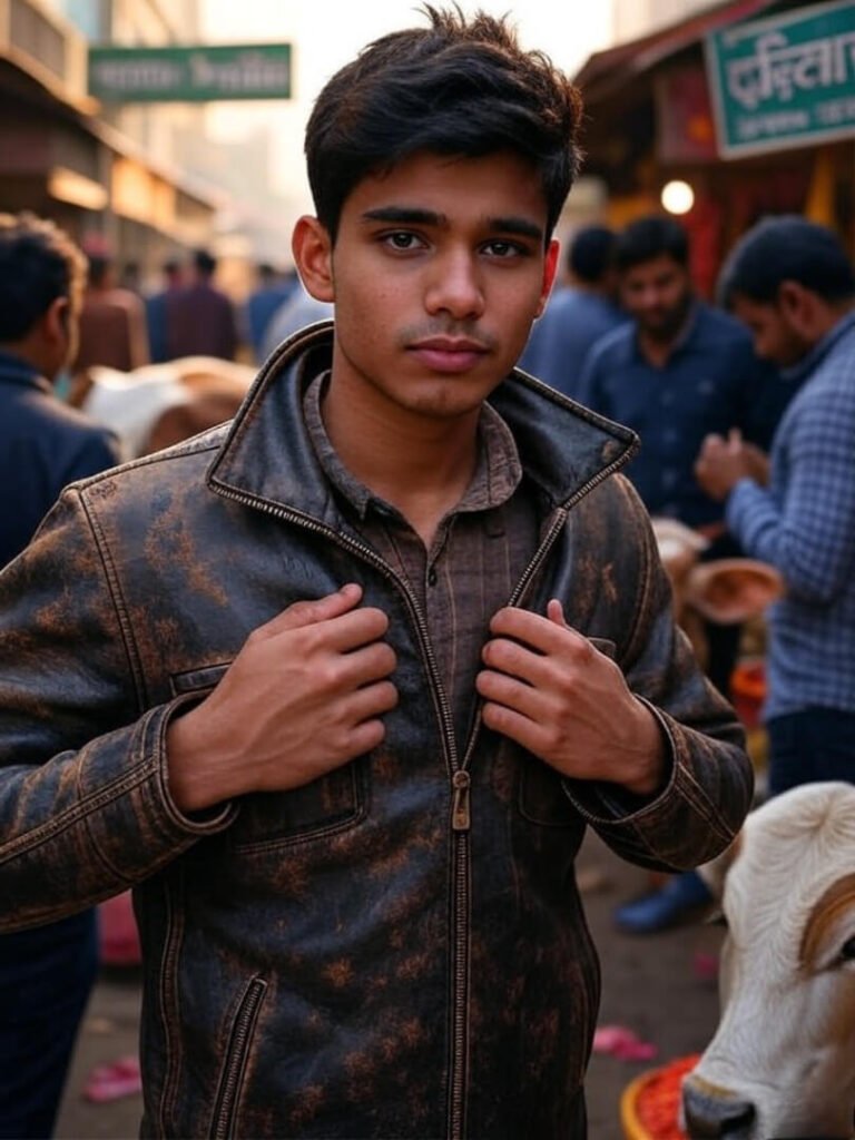 Rider adjusts jacket in chaotic Indian market with cow.