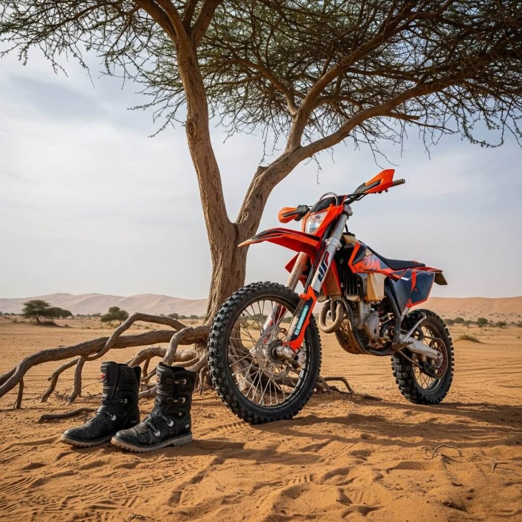 KTM bike propped against a desert tree.

