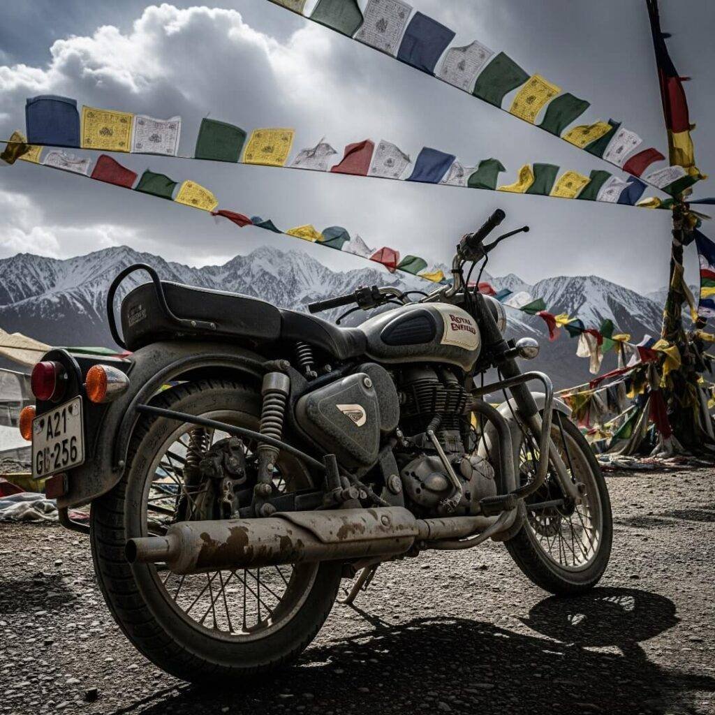 Dusty Royal Enfield motorcycle in Ladakh.