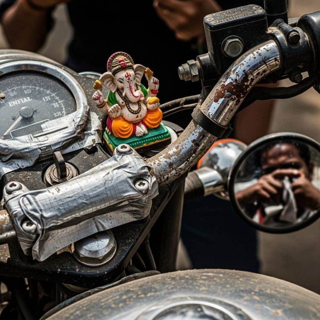 Royal Enfield handlebars with a Ganesh idol.