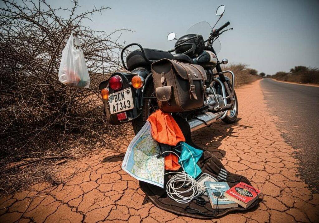Motorcycle on a dusty road with gear spilling out.