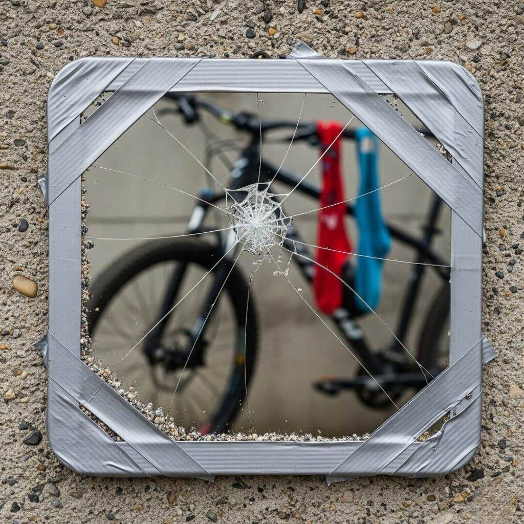 Broken mirror reflects bike with socks, duct-taped.