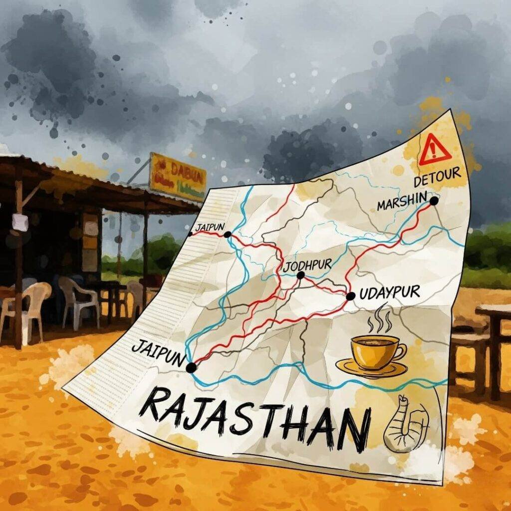 Impressionistic painting of a napkin map at a dhaba.