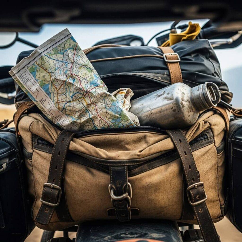 Overstuffed motorcycle pannier with map and water bottle.