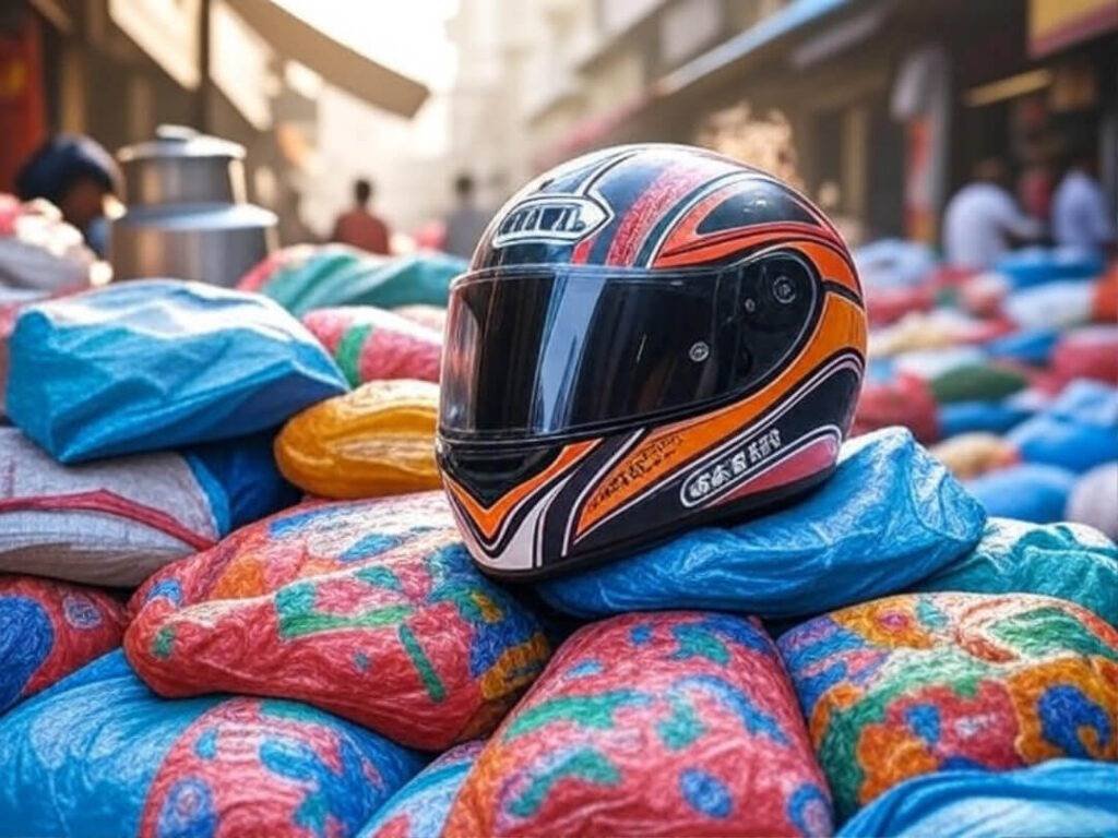 Shoei GT-Air II helmet on vibrant market bags, chai kettle.