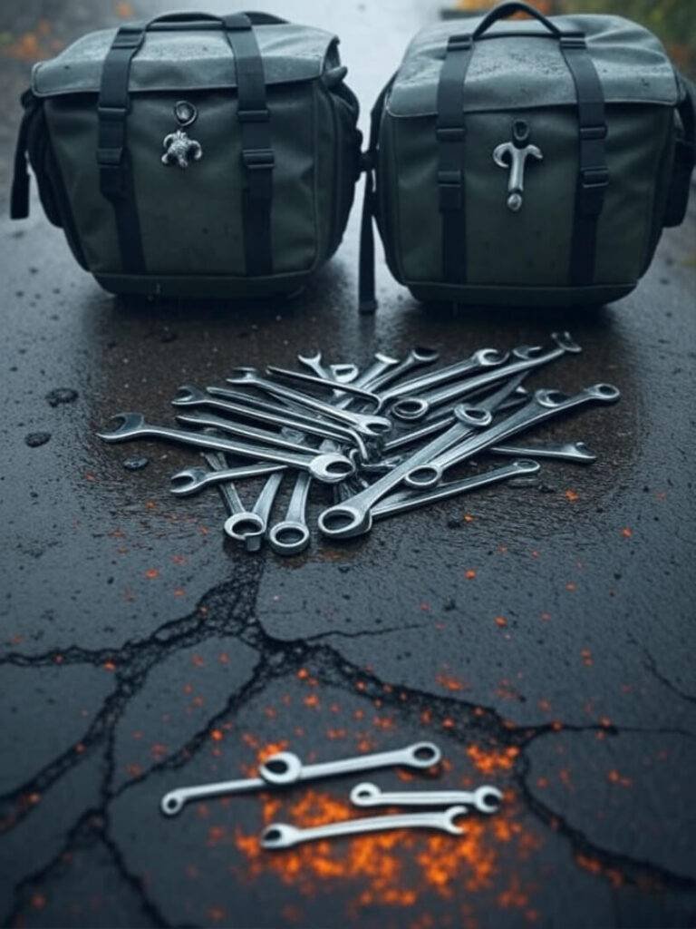 Rain-soaked panniers, wrenches, elephant keychain chaos.