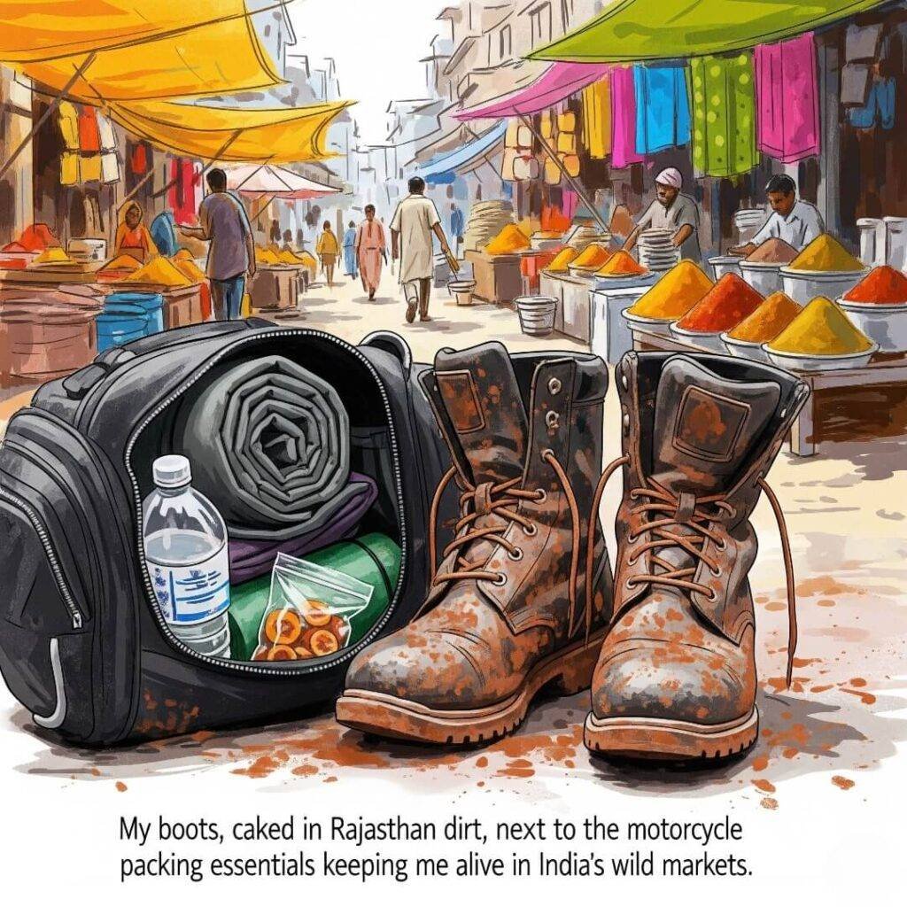 Muddy boots next to motorcycle saddlebag in market.