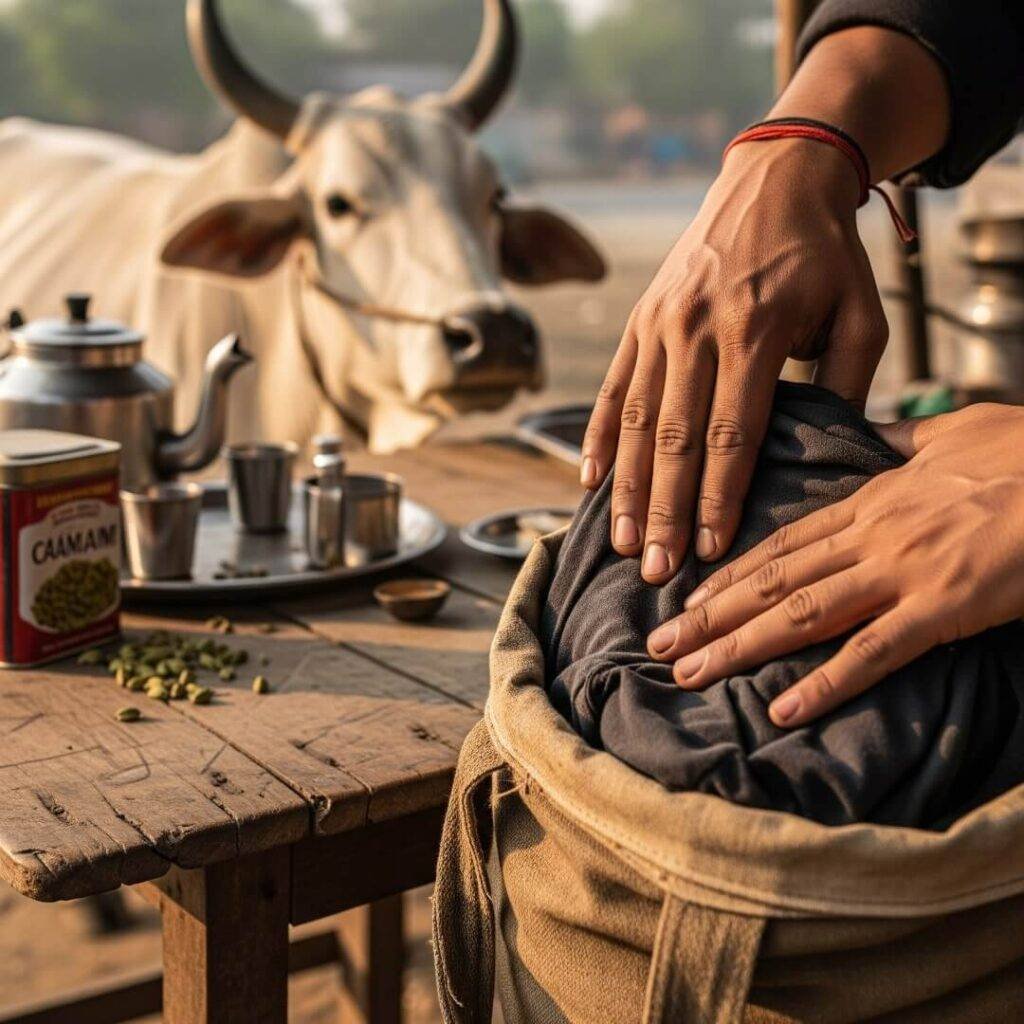 Dusty hands stuffing a shirt into a bag.

