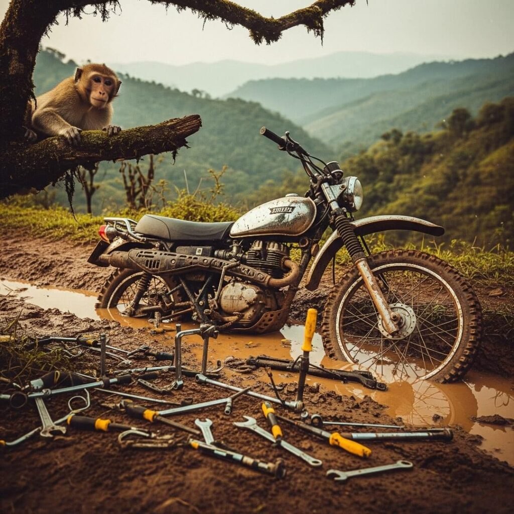 Dirt bike, muddy trail, tools, monkey, Indian hills.

