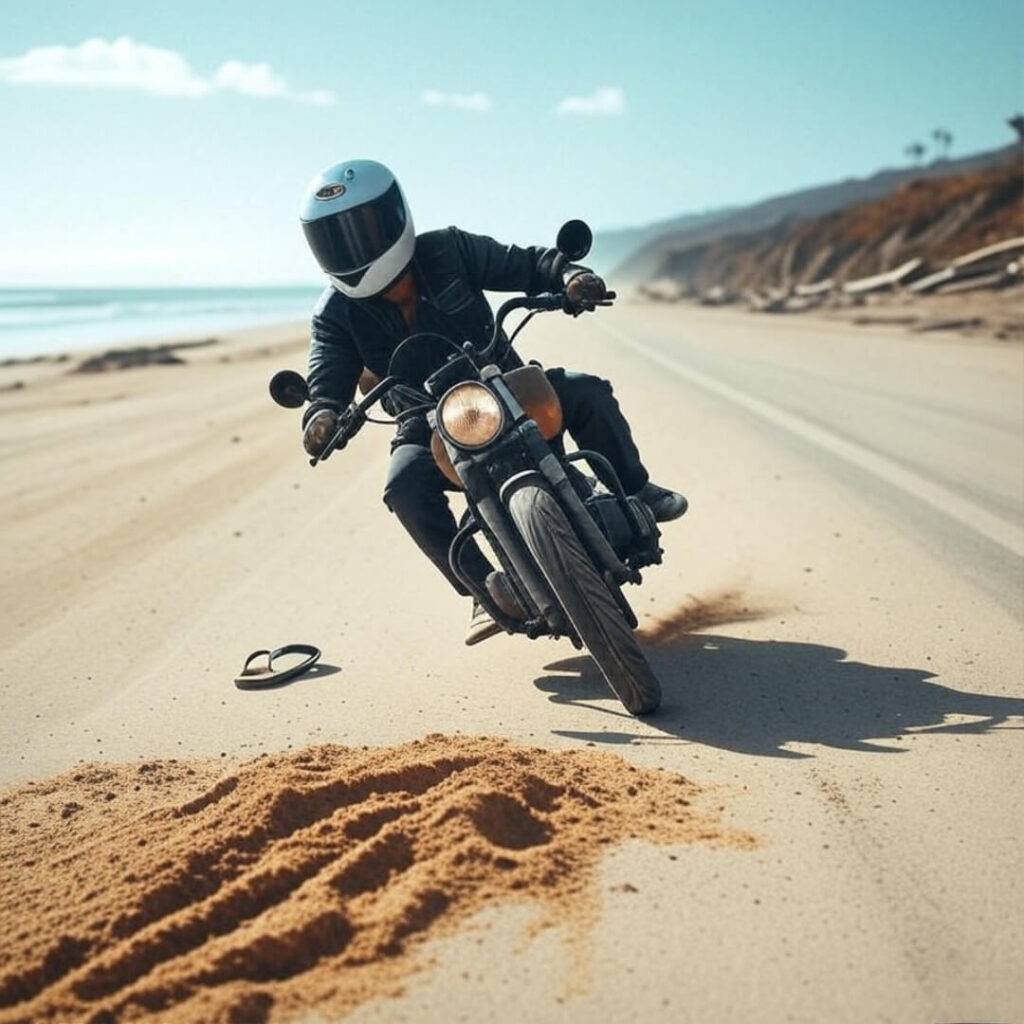 Motorcyclist leaning into sandy turn, flip-flop quirky vibe.