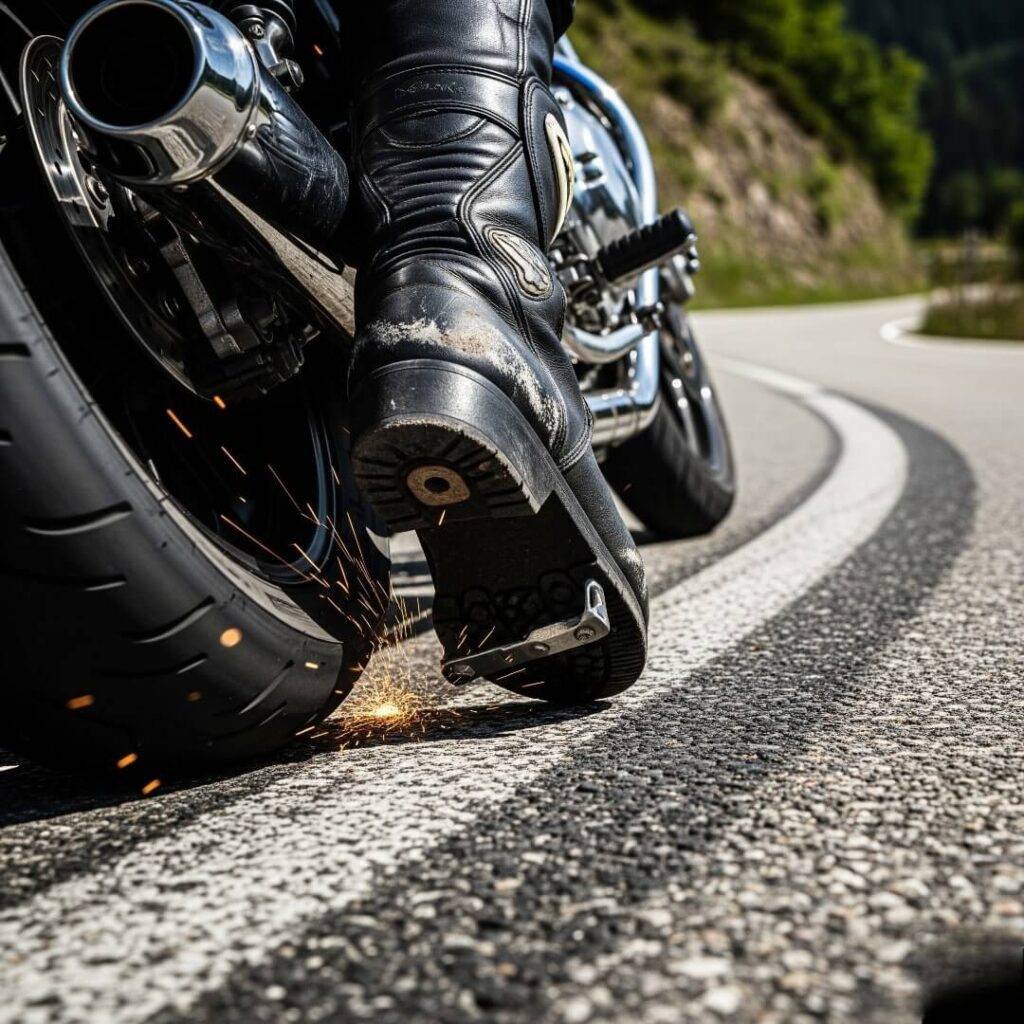 Motorcycle boot sparking on asphalt.