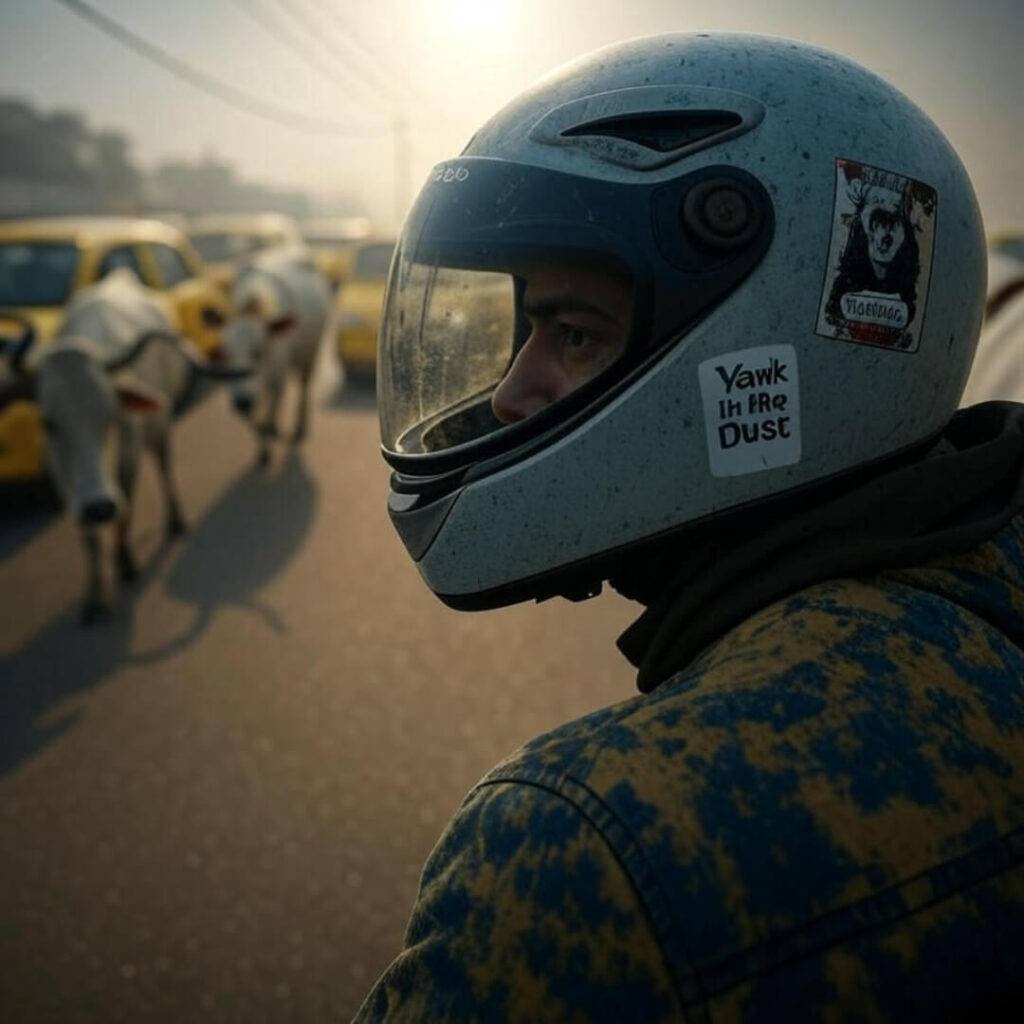 Foggy visor, dodging cows, Delhi traffic, wry humor.