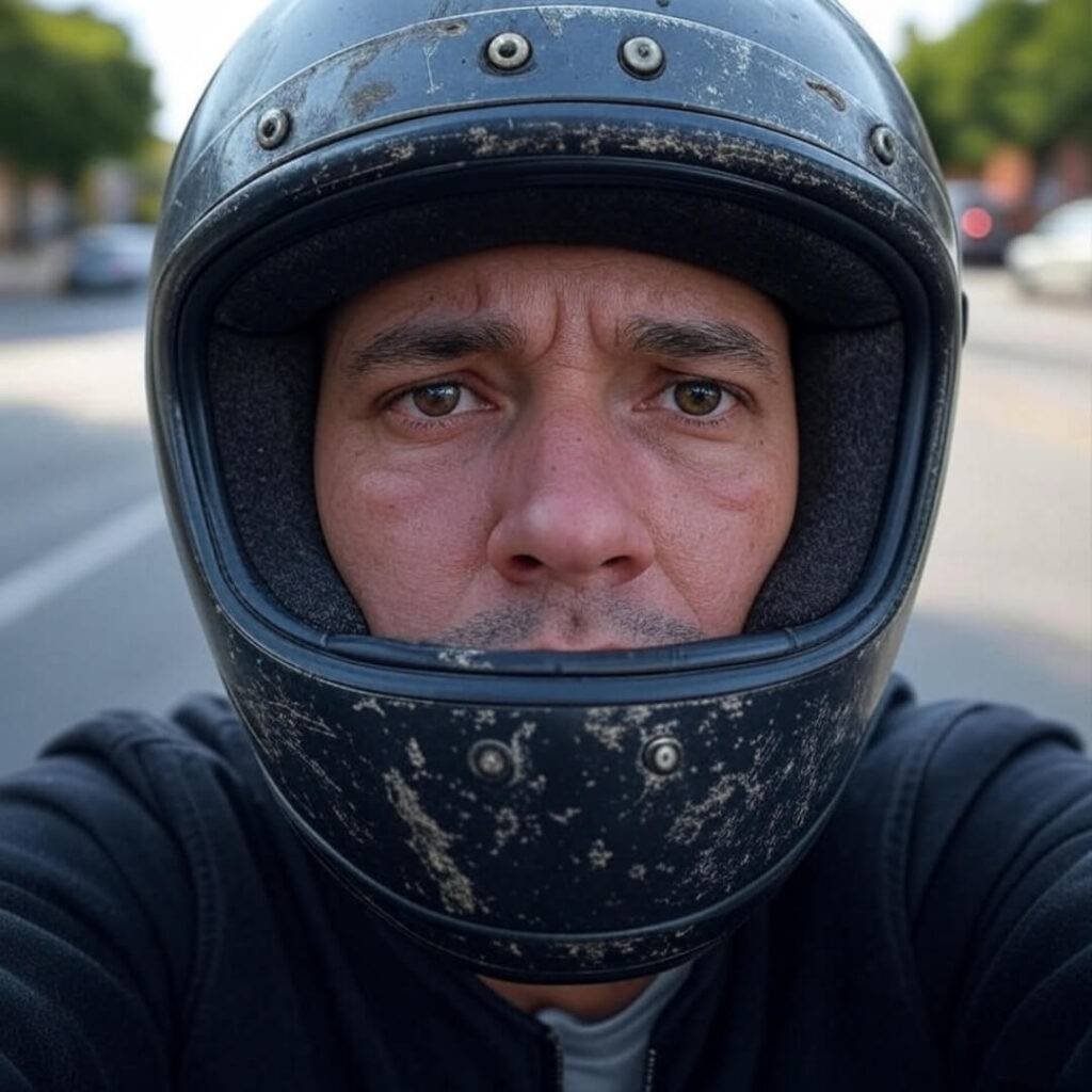 Battered helmet selfie, motorcycle accident prevention fail.